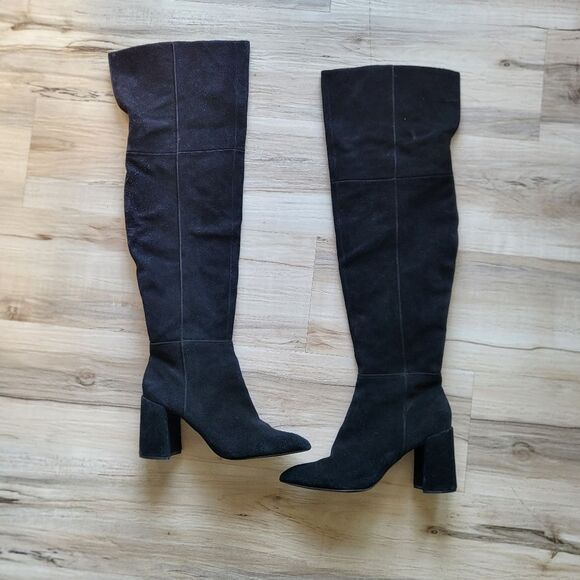 Black Suede Leather Over the Knee Block Heel Boots Sz 38 TopShop - Picture 1 of 10